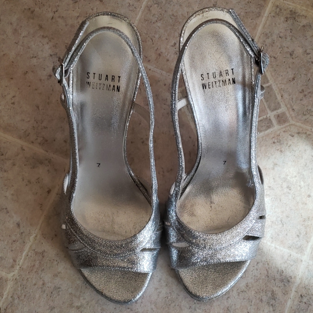 Stuart Weitzman Silver Sparkly Platform Stilettos - image 3